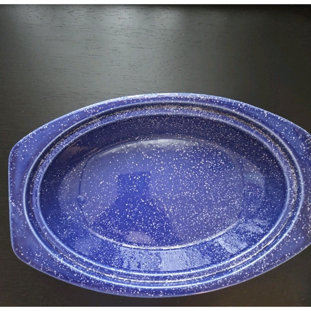 Vtg Oval  Baking  Casserole Dish Cobalt Blue White Speckling Rustic Farmhouse